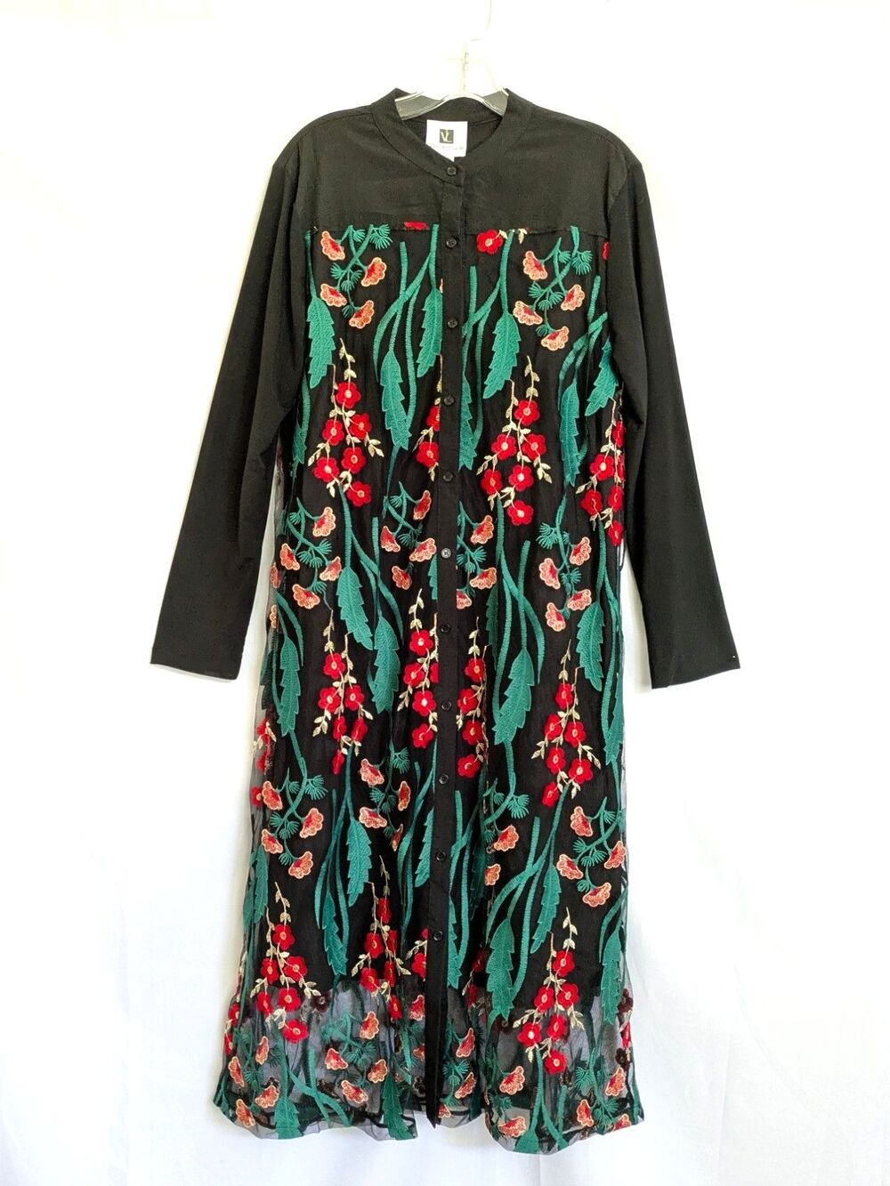 Vicky and Lucas XL Floral Embroidered Mesh Maxi Shirt Dress Art to Wear NWT